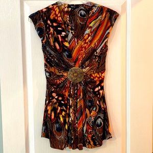 Sky peacock feather v-neck jeweled top. Small